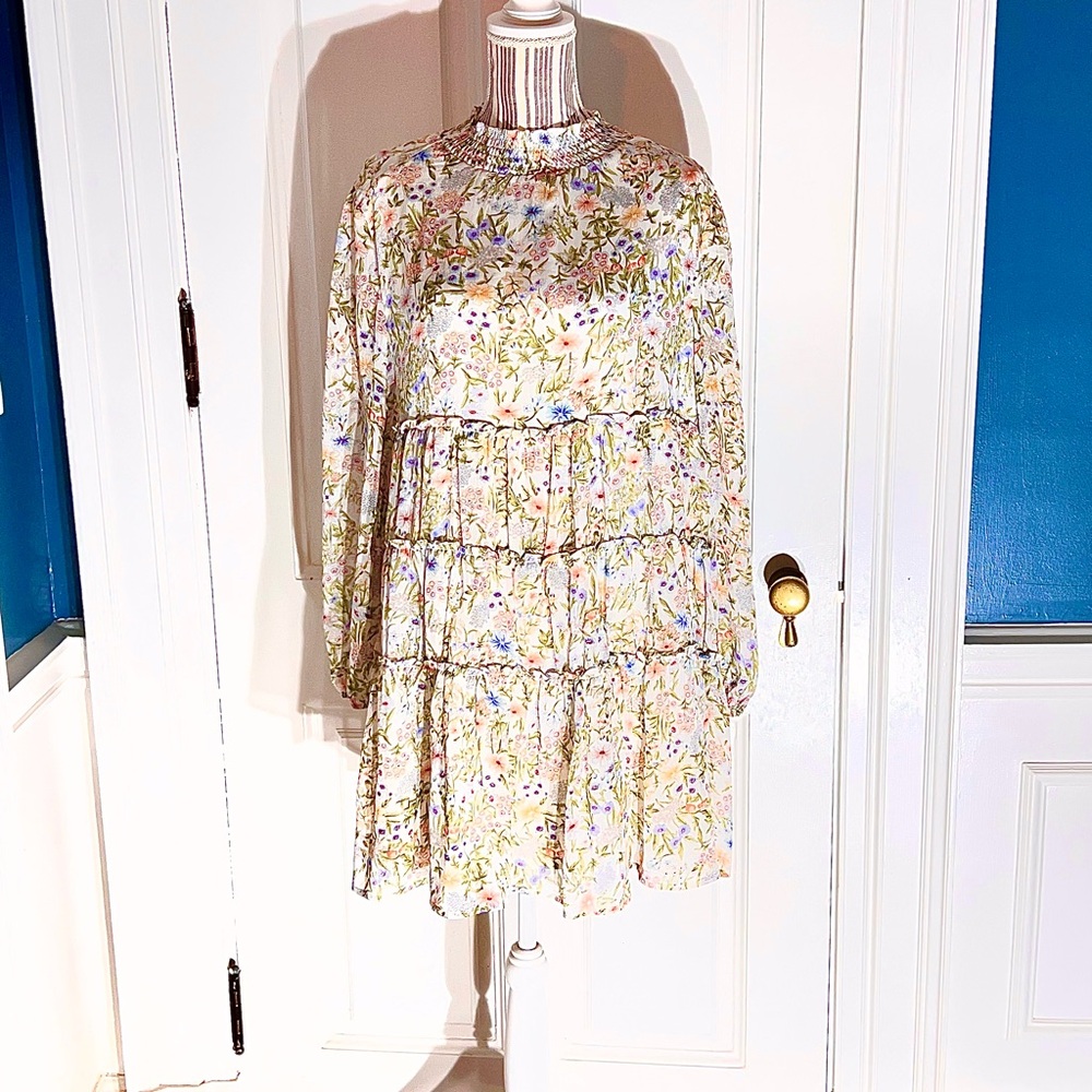 Floral Tiered Long Sleeve Mini Dress - Multi Storia large Cottagecore D386
